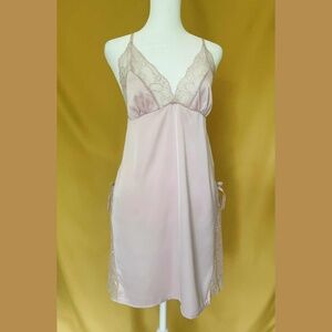 Pink Champagne Satin Slip Dress Nightgown lingerie Set - Lounge Lace Bow M